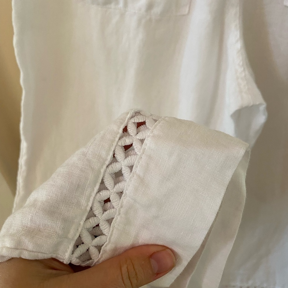 100% Linen White Wide Leg Lattice Eyelet Pants Drawstring Waist M - Picture 5 of 8